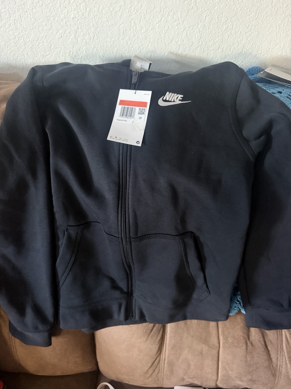 Nike Black Unisex Kids Full Zip Hoodie L Long Sleeve Pockets Logo BV3699-010