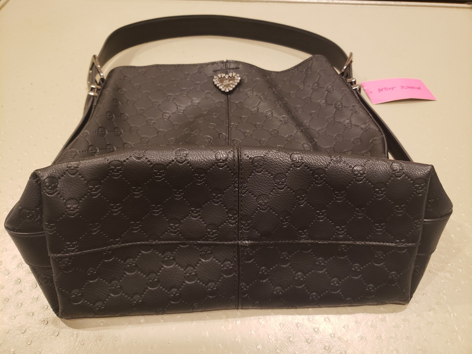 Betsey Johnson Black Skull Embossed Hobo Shoulder Bag Snap, Pockets, Charm