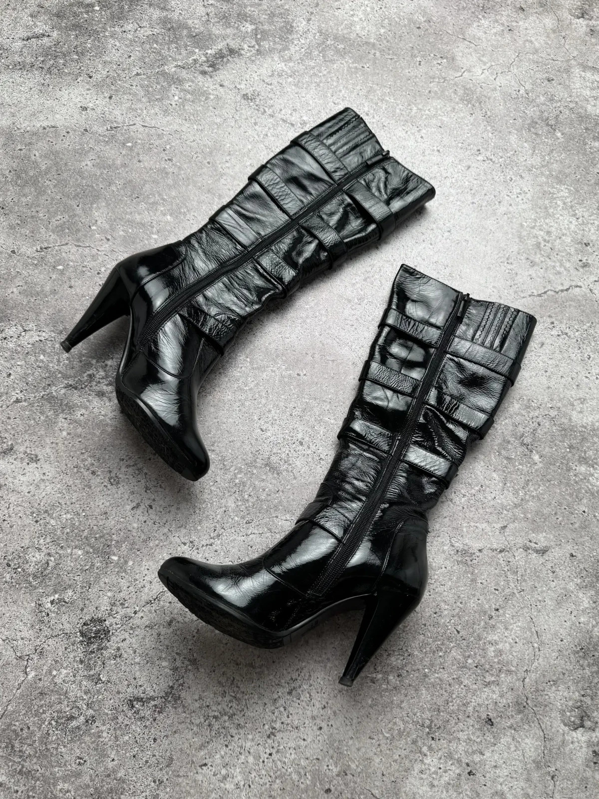 Vintage Black Patent Leather Knee High Boots Womens 36 Buckle High Heel Goth