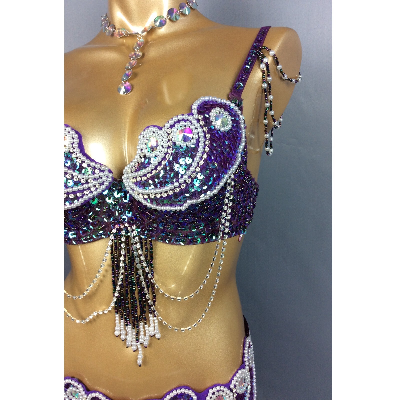Beaded Samba Belly Dance Costume EDC Rave Carnival Outfit Bra Belt 10 Colors