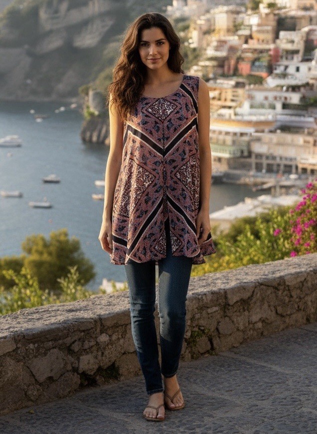 Westport 1962 Paisley Tunic Top Pink/Navy/White Scoop Neck Sleeveless L