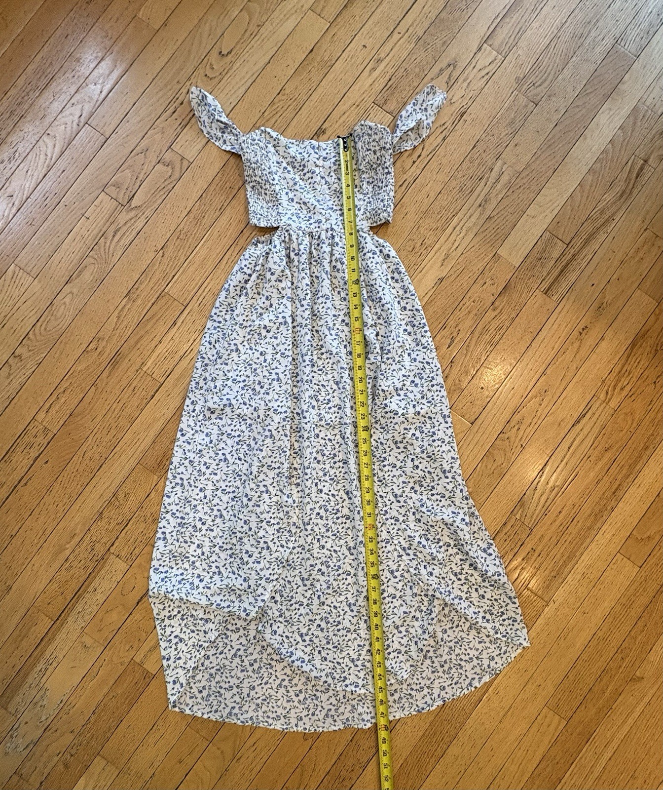 Lulus Midi Dress M White Blue Green Floral Off Shoulder Smocked High-Low