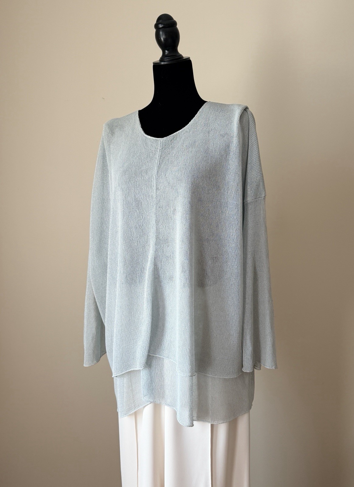 Eskandar Open Knit Sweater Pleated Shoulder Soft Sage Blue Layered Linen Blend