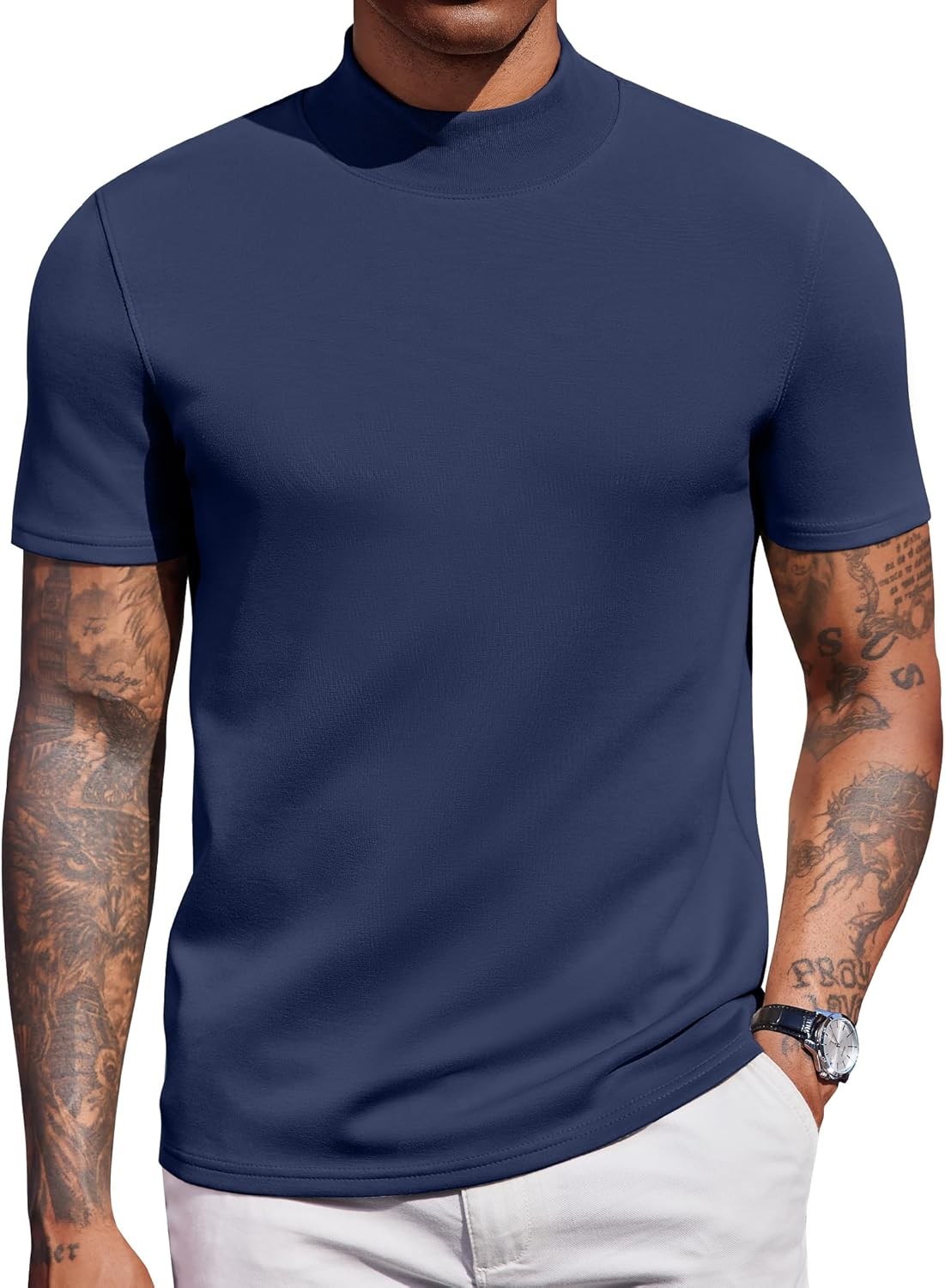 Men’s Short Sleeve Mock Turtleneck Top Stretch Skin-Friendly Casual Sweater