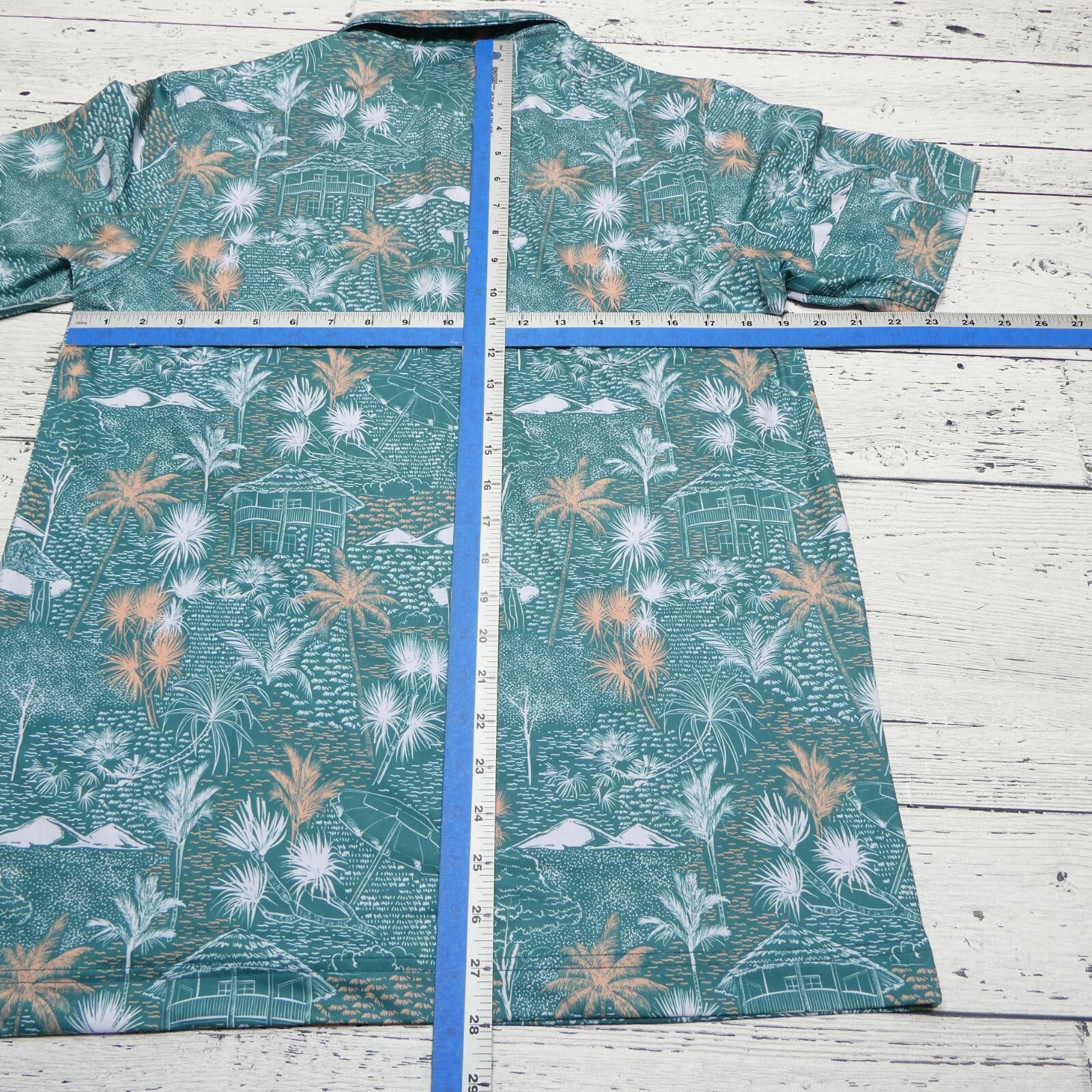 Waggle Polo Shirt Mens M Green Tropical Island Cabana Print Polyester Stretch