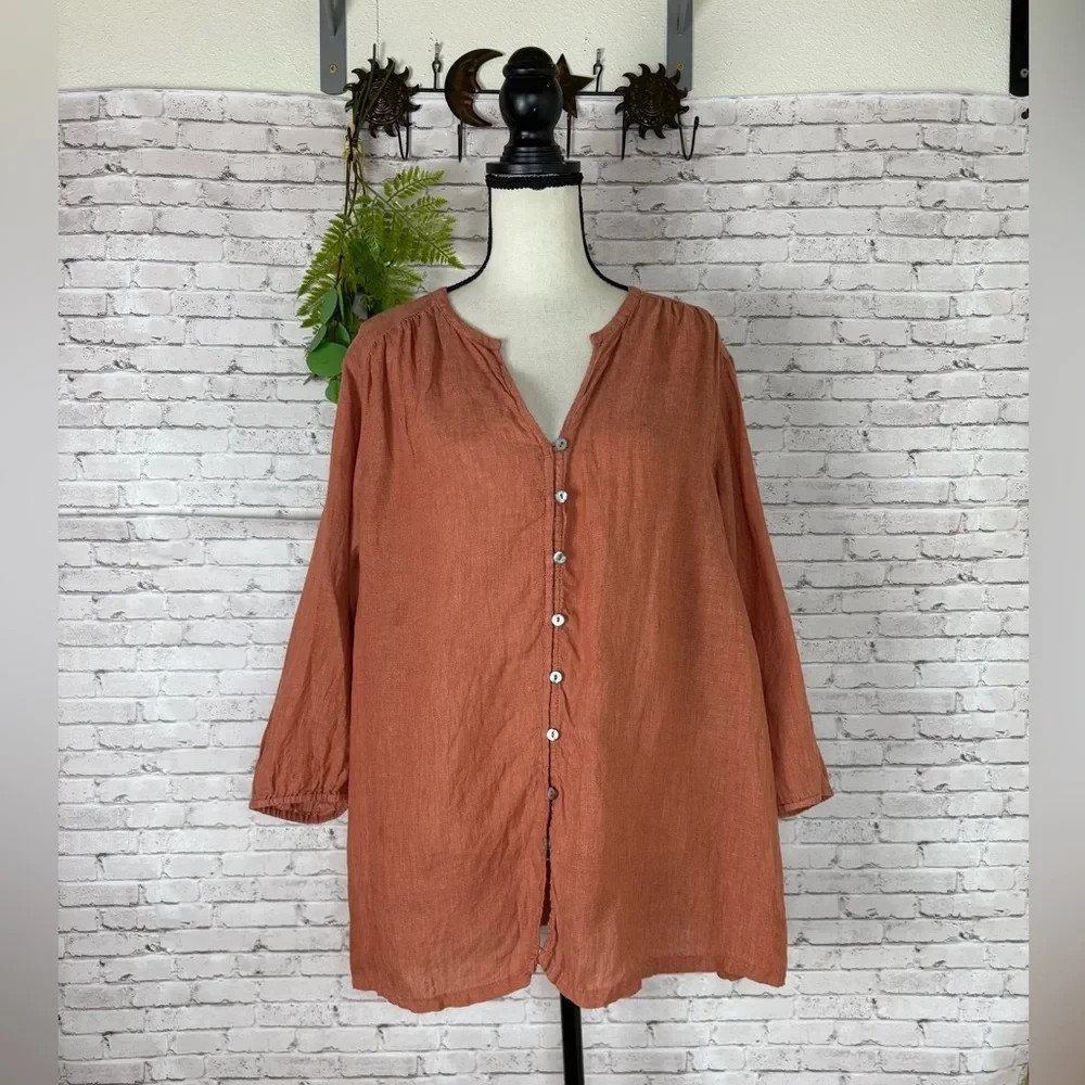 J. Jill Pure Jill Linen Burnt Orange Terracotta Loop Button Blouse Sz XL PETITE