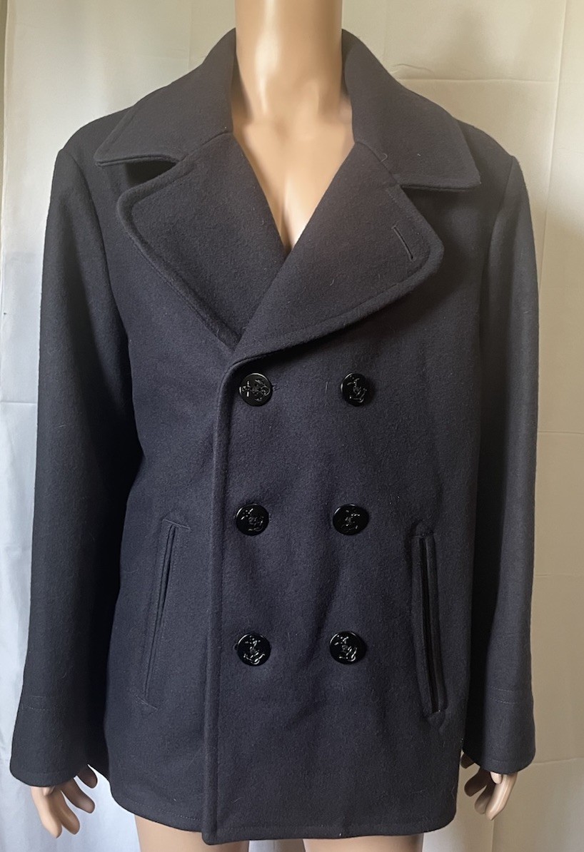 Men’s Vintage Navy Peacoat Large 42-44, Lands’ End Wool Coat, Double-Breasted