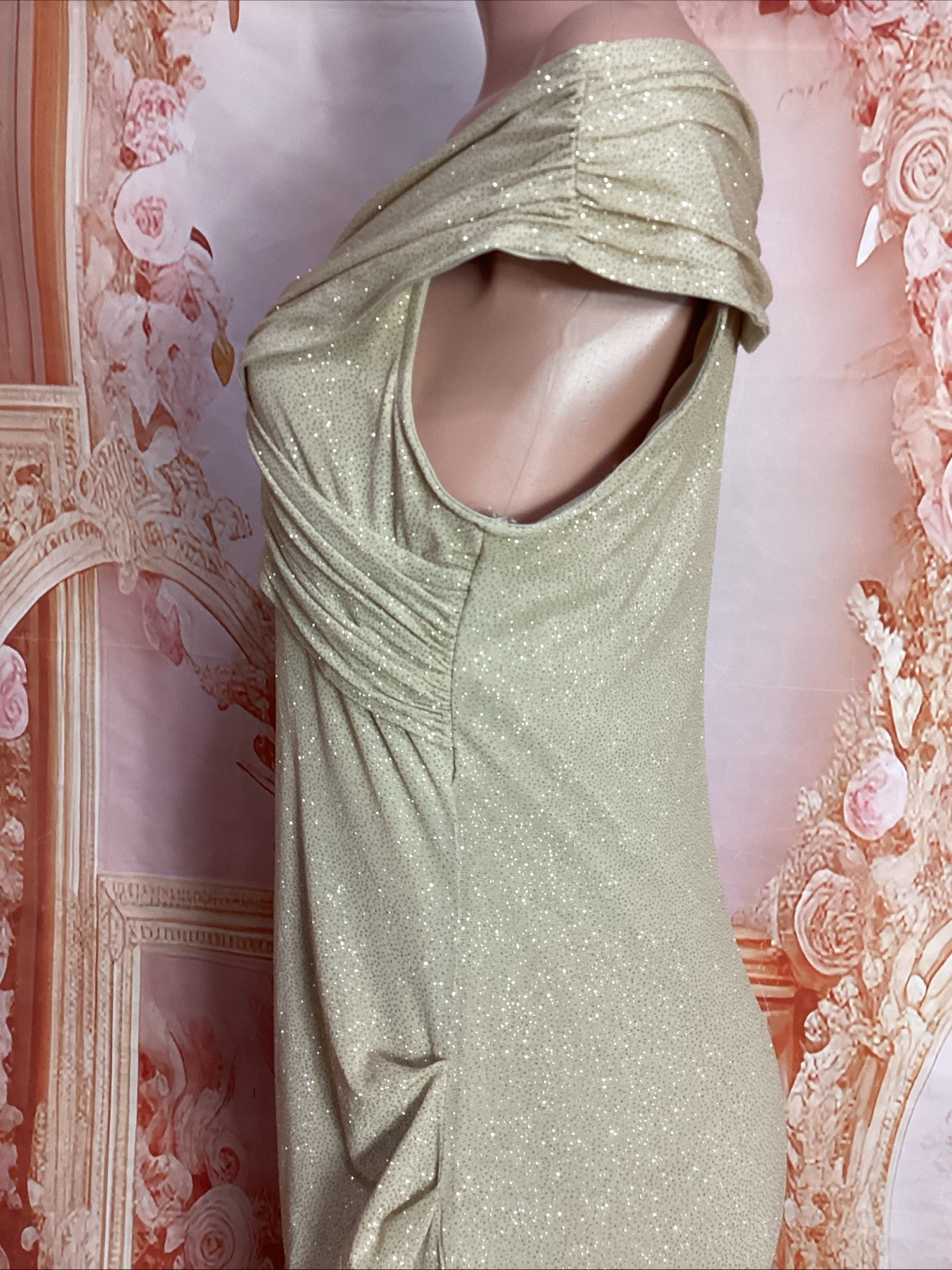 Candalite Champagne Sparkly Metallic Off Shoulder Cruise Prom Formal Gown L