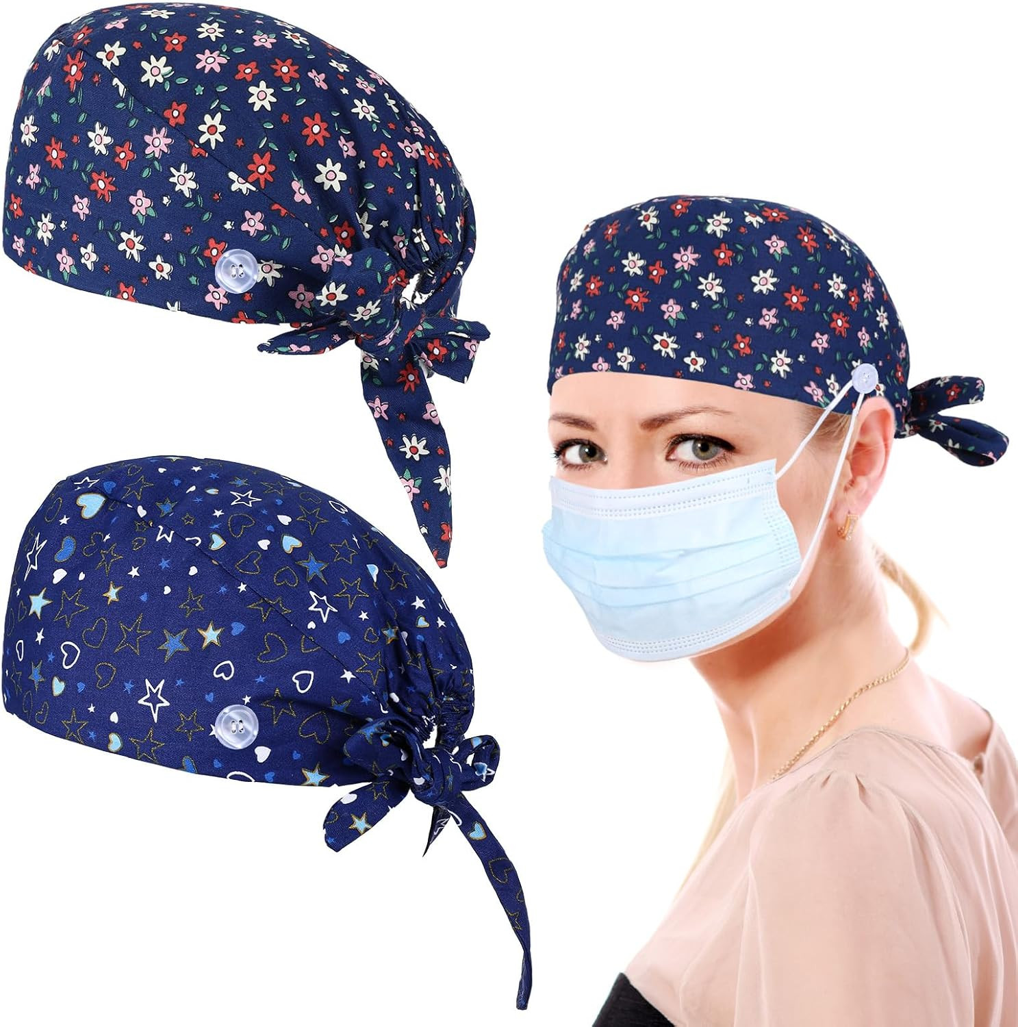 2Pcs Cotton Scrub Caps with Buttons & Ponytail Holder Adjustable Work Hats