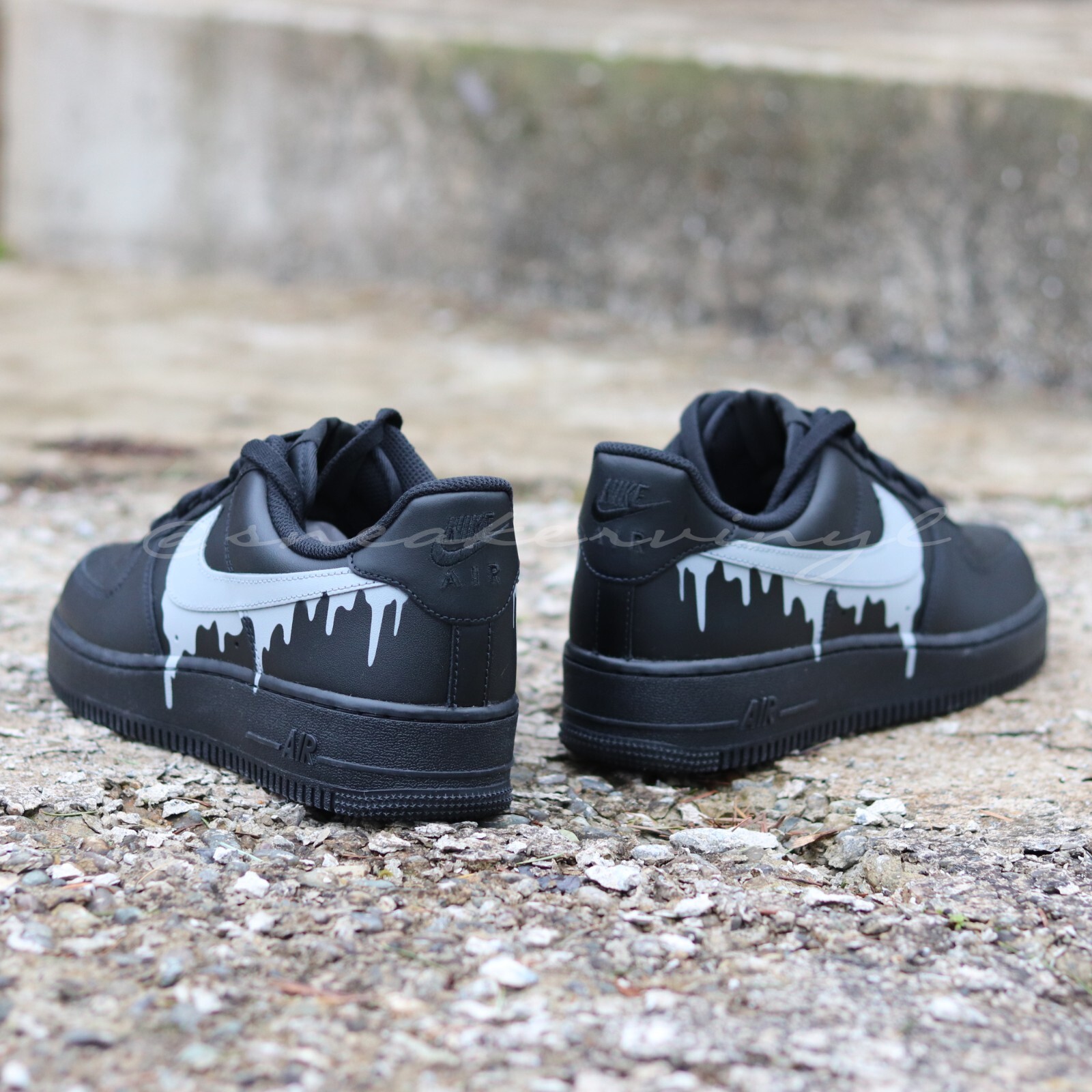 Custom Nike Air Force 1 Black & Grey Concrete Paint Drip Customized Sneakers