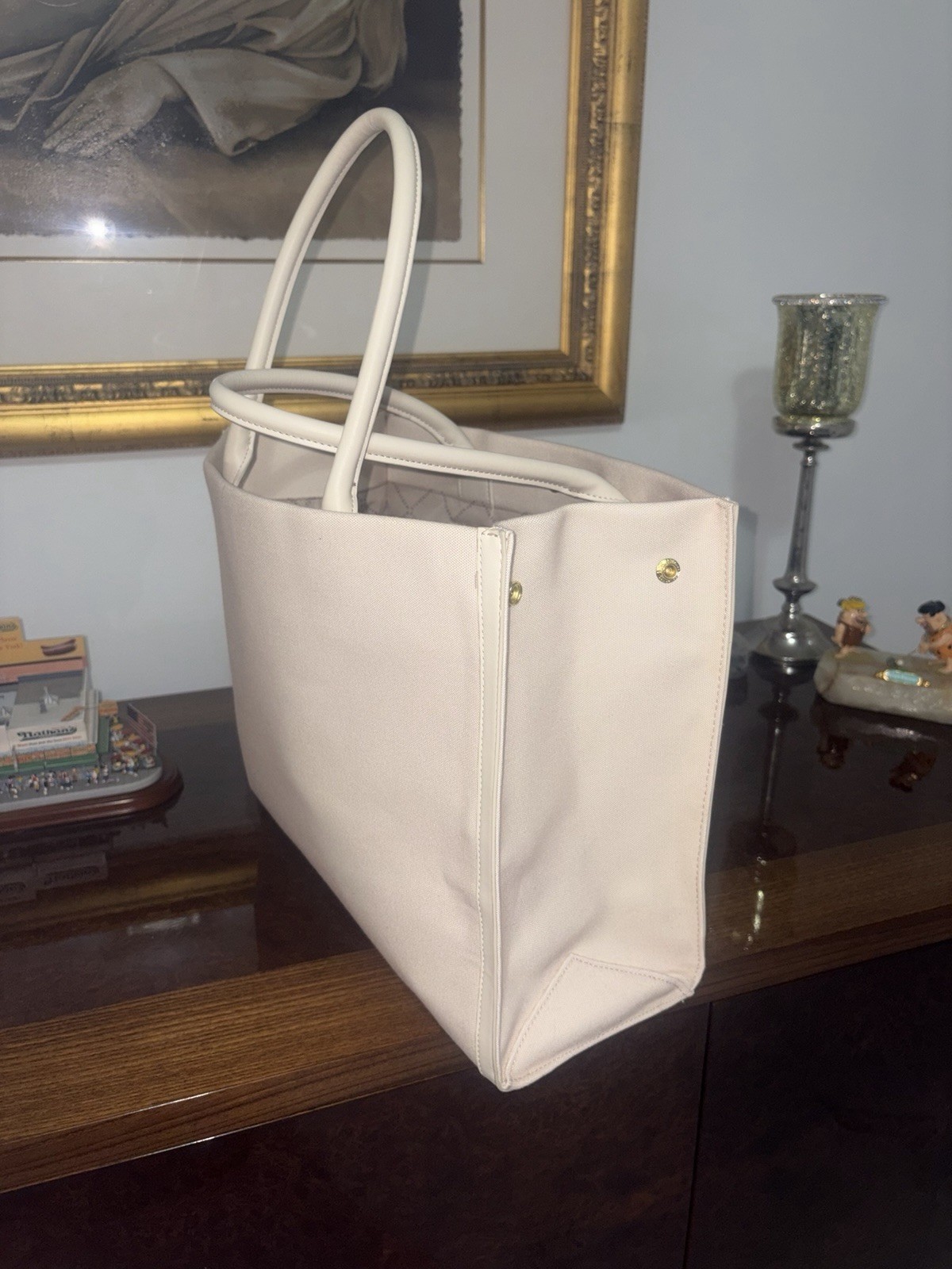 Steve Madden Beige Logo Tote Bag w/ Pouch Detachable Strap Zip Magnetic Pockets