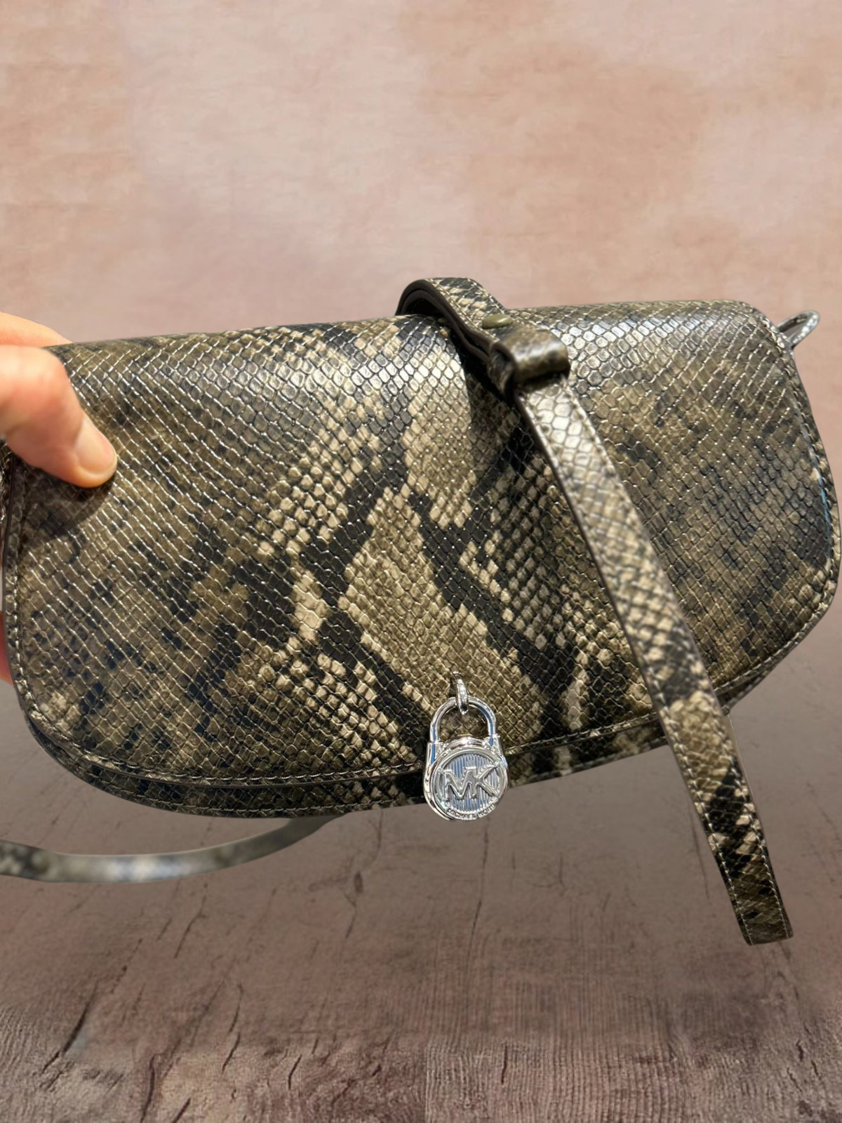 Michael Kors Mila Medium Women Snake Embossed Sling Messenger Bag Olive