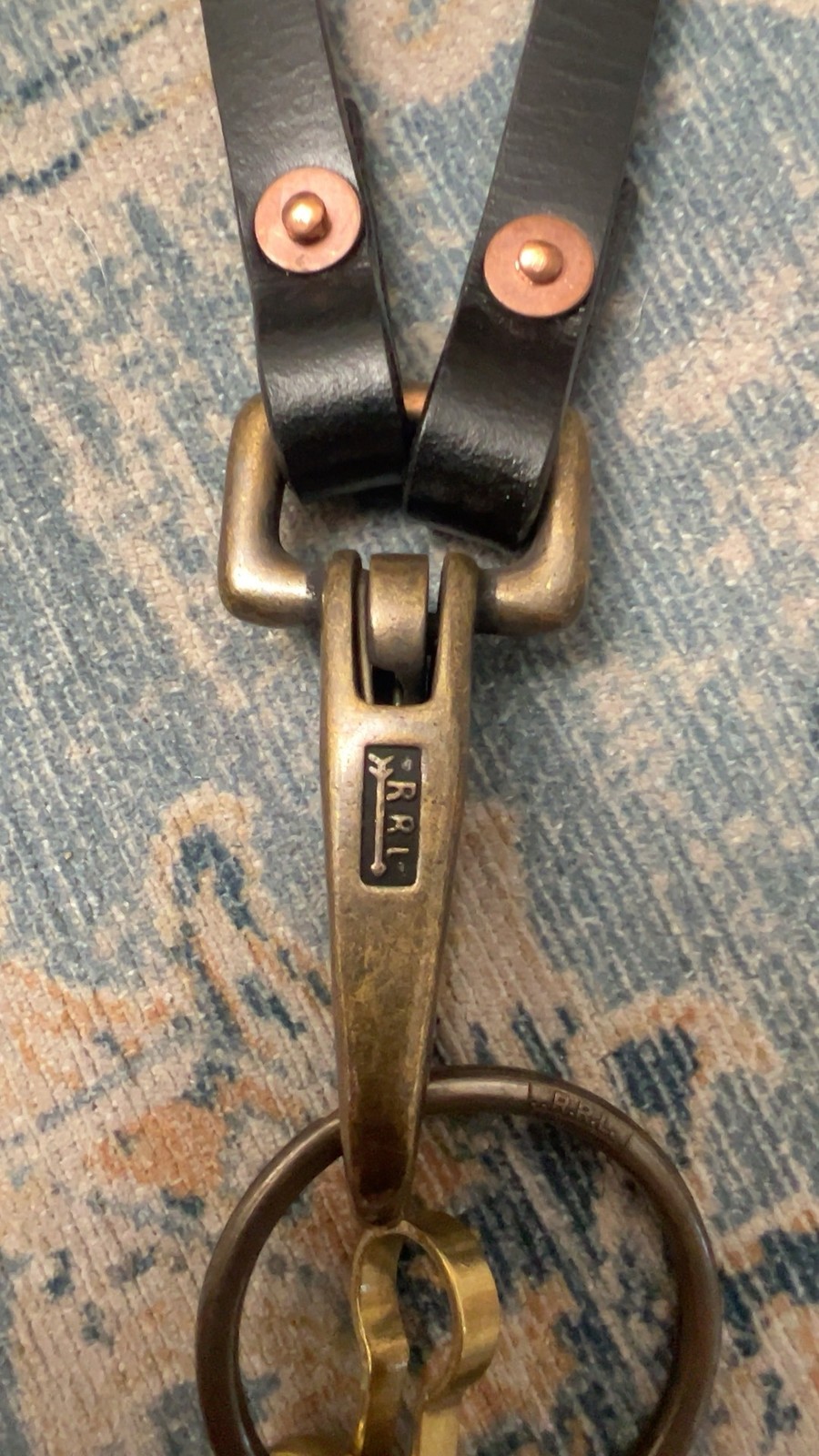 RRL Double RL Vintage Style Black Leather Key Lanyard with Brass Hooks