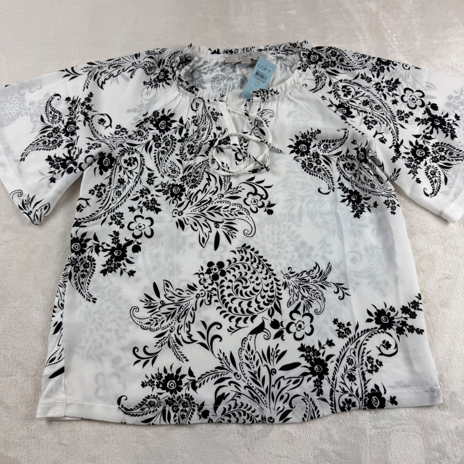 Loft Mixed Media Tie Blouse Women XXS Petite White Black Tie Neck Flutter Sleeve