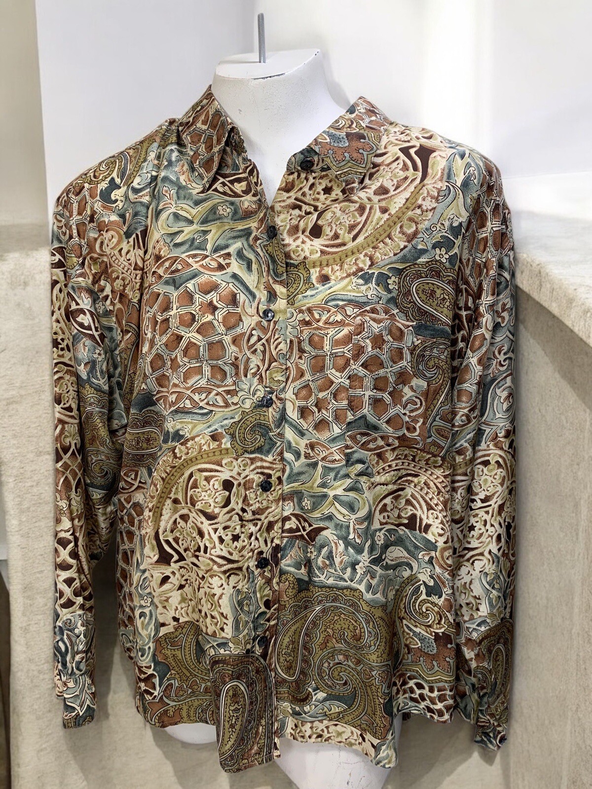 Compagnie International 100% Silk Blouse 1XL Vintage Earthy Neutral Paisley 70’s
