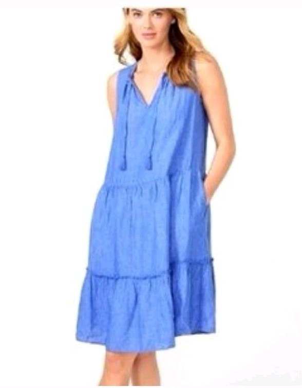 J. MCLAUGHLIN 100% LINEN CHRISTA TIERED SHIFT Quiet Luxury Vneck Summer Midi Med