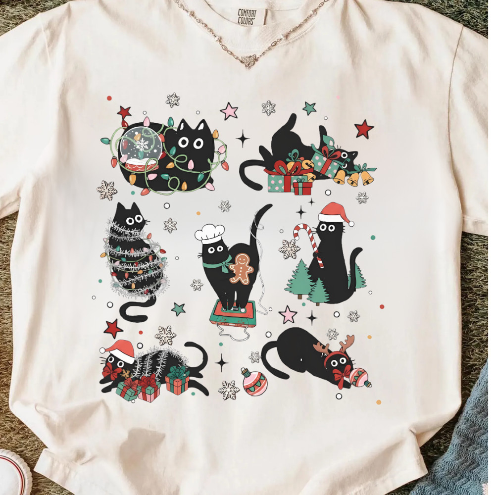 Funny Cat Christmas T-Shirt, Cute Holiday, Festive Cat Lover Shirt G5000