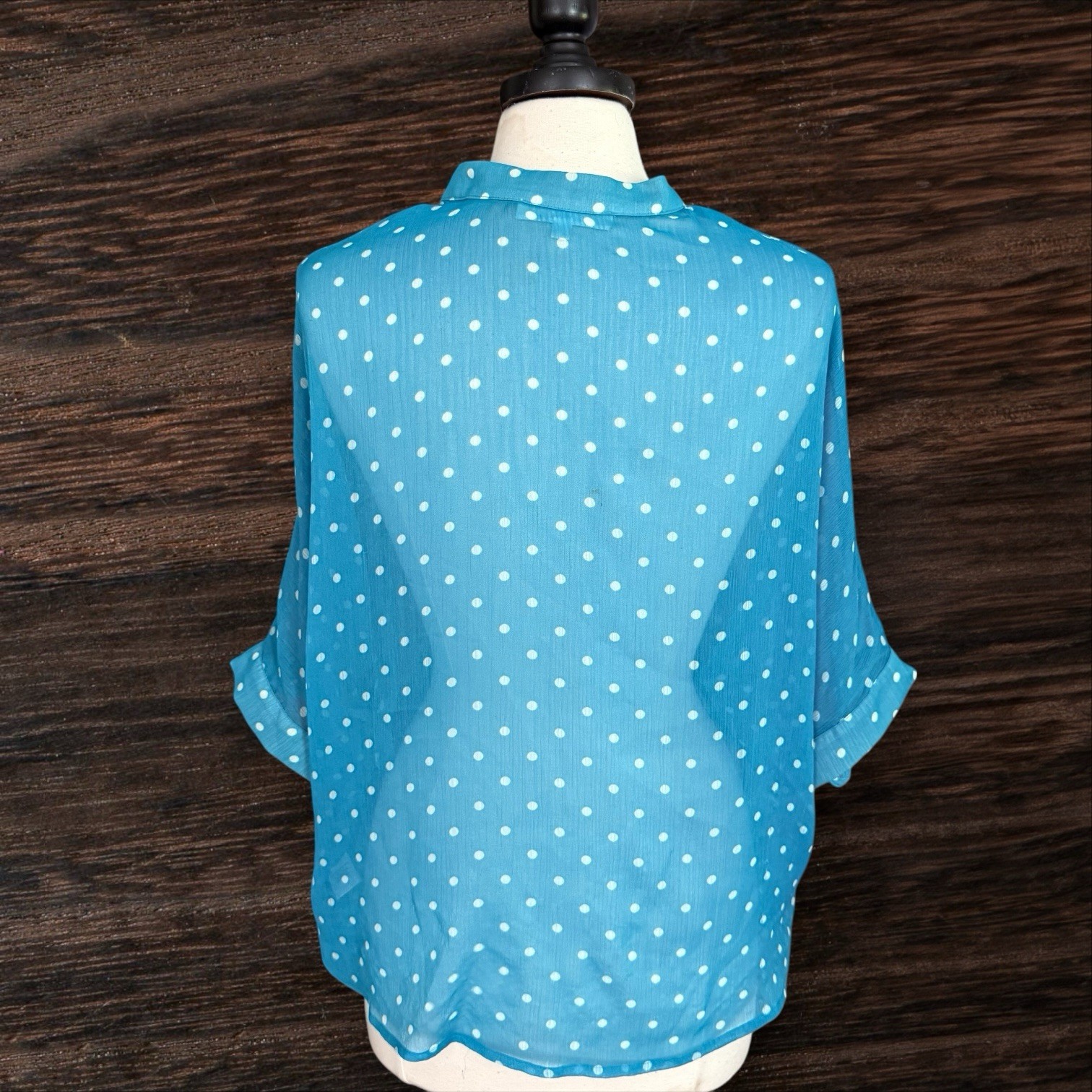 Pleione Kelly Green Polka Dot Sheer Blouse Sz S Oversized 48″ Bust Short Sleeves