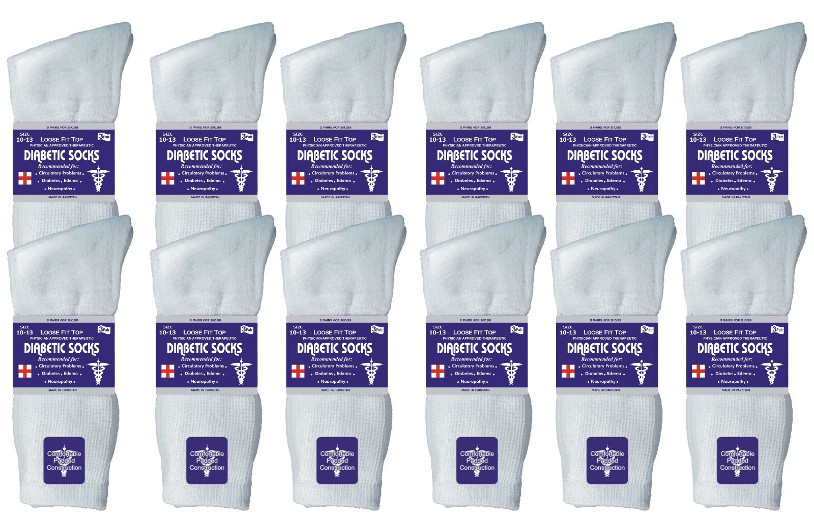 12 Pairs White Diabetic Crew Socks Health Men’s Circulatory Calf Cotton 10-13