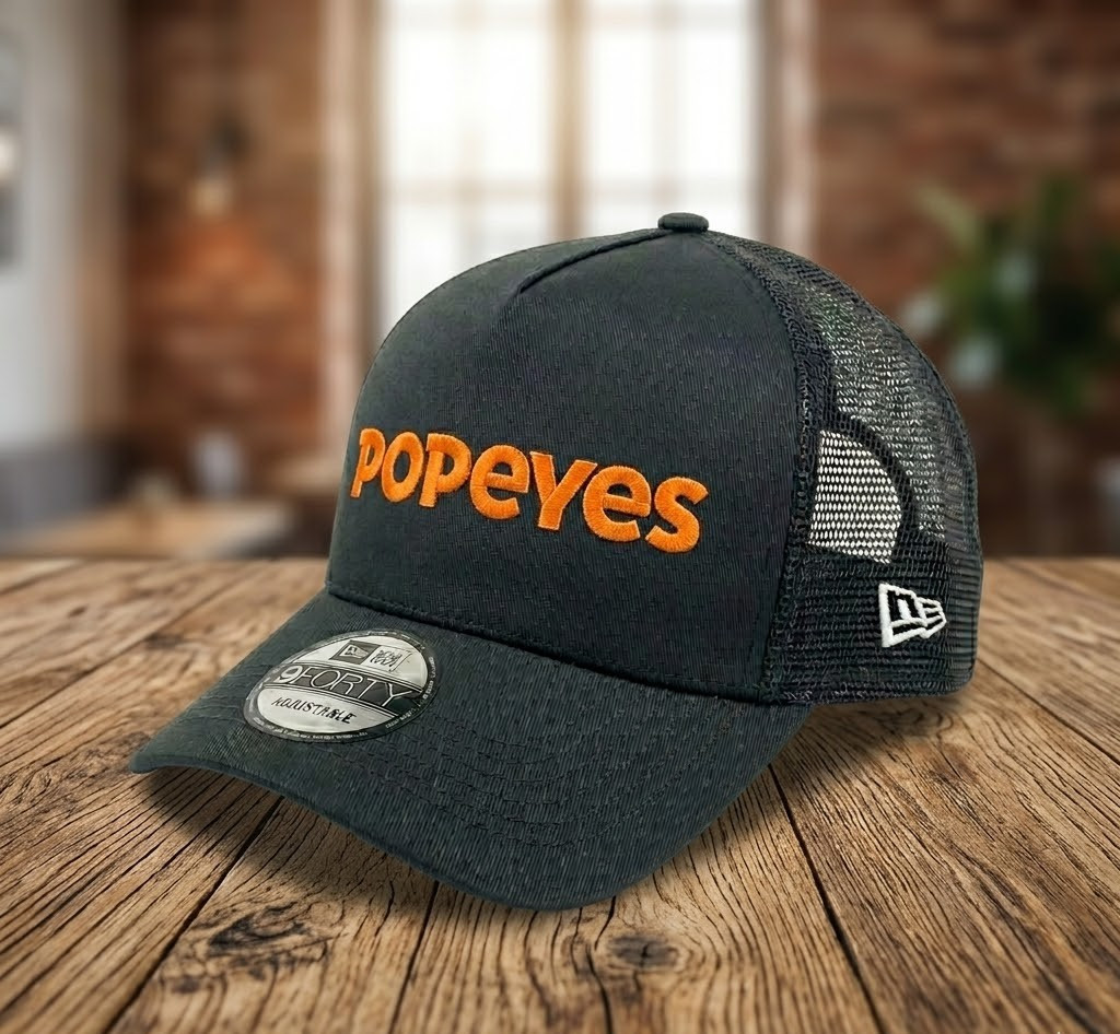 Popeyes Logo Embroidered Black Mesh Trucker Hat Adjustable Cap