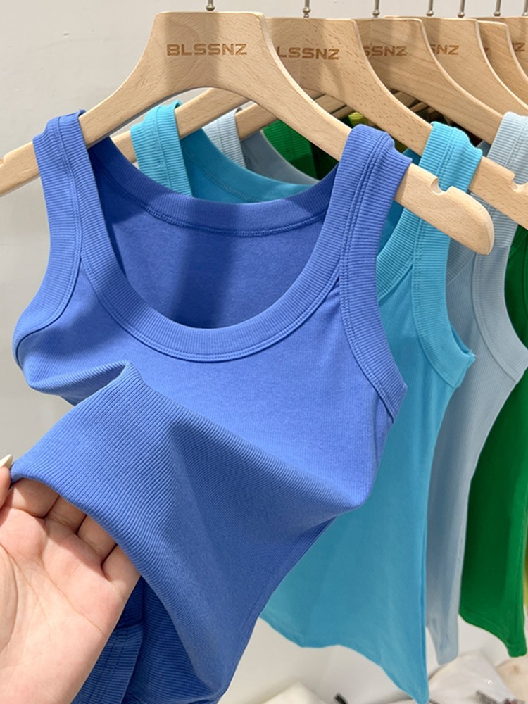 Women’s Ribbed Tank Top Solid Round Neck Basic Camisole Elastic Stretch Summer