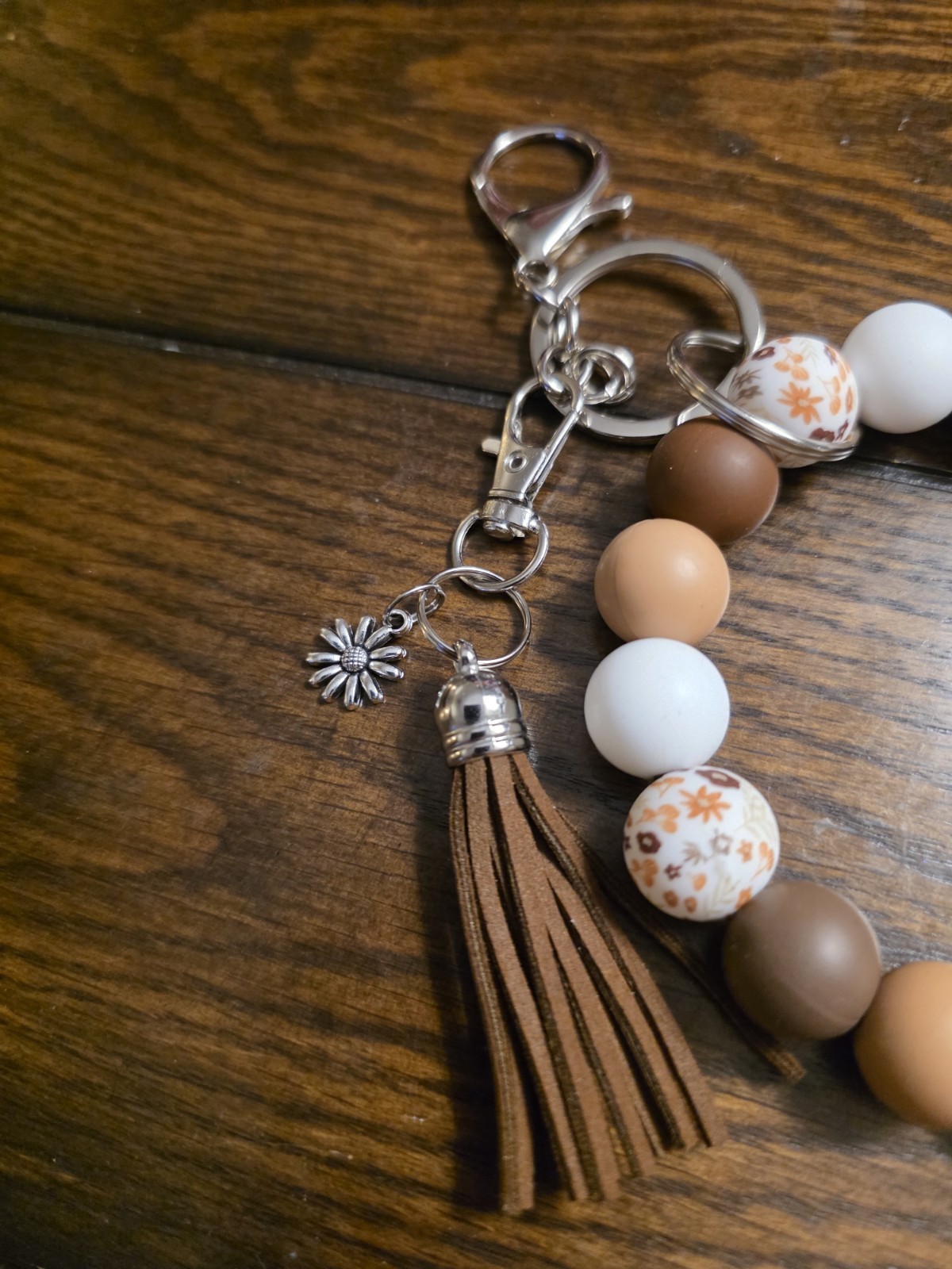 Boho Wristlet Keychain Silicone Bead Earth Tone Brown White Key Ring