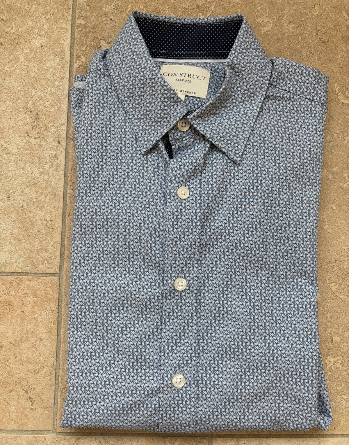 CONSTRUCT Slim Fit Stretch Geometric Dress Shirt Blue/White L 32/33 Spread