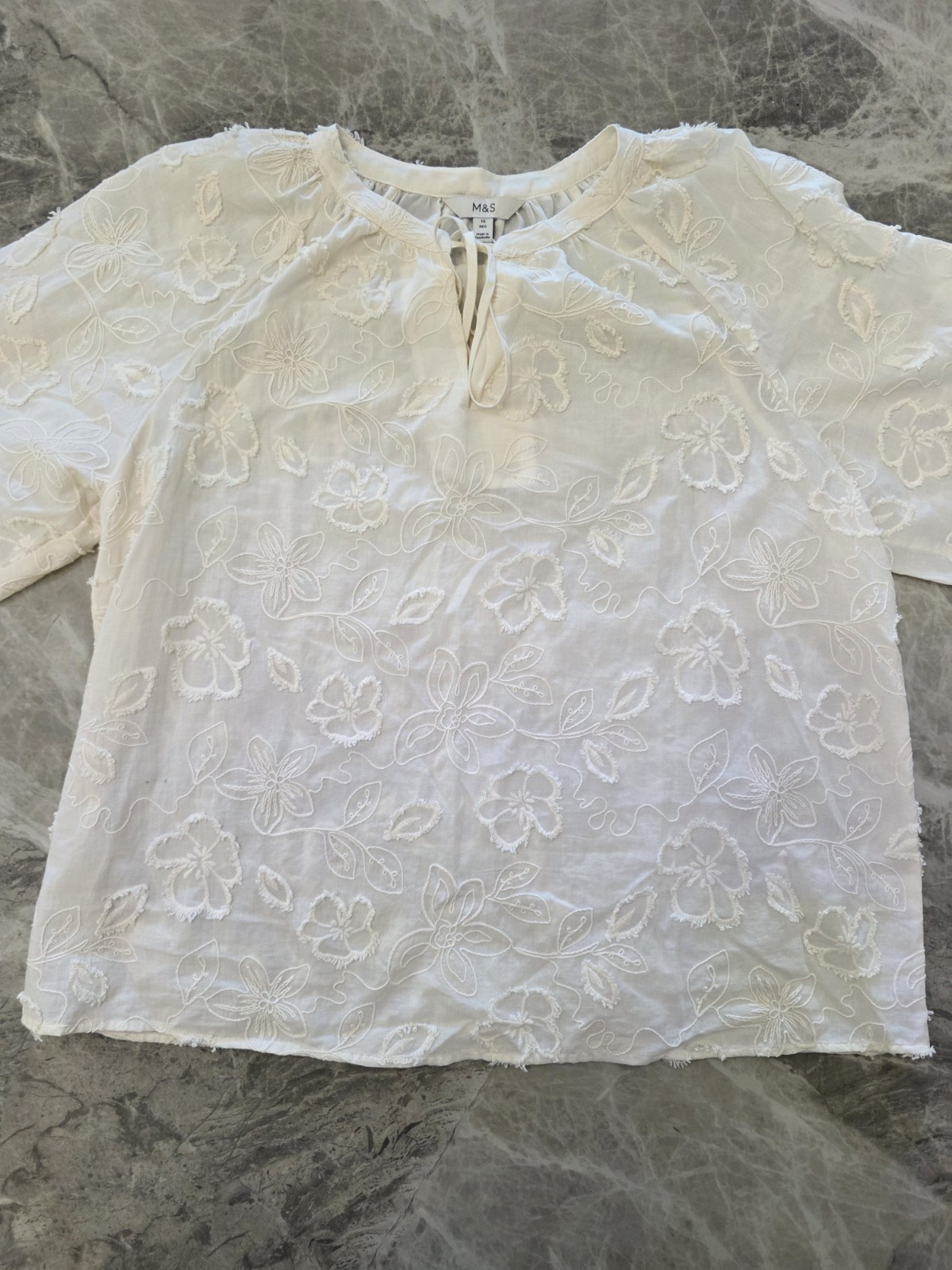 M&S Pure Cotton Applique Tie Neck Blouse ~ Size 16 Regular