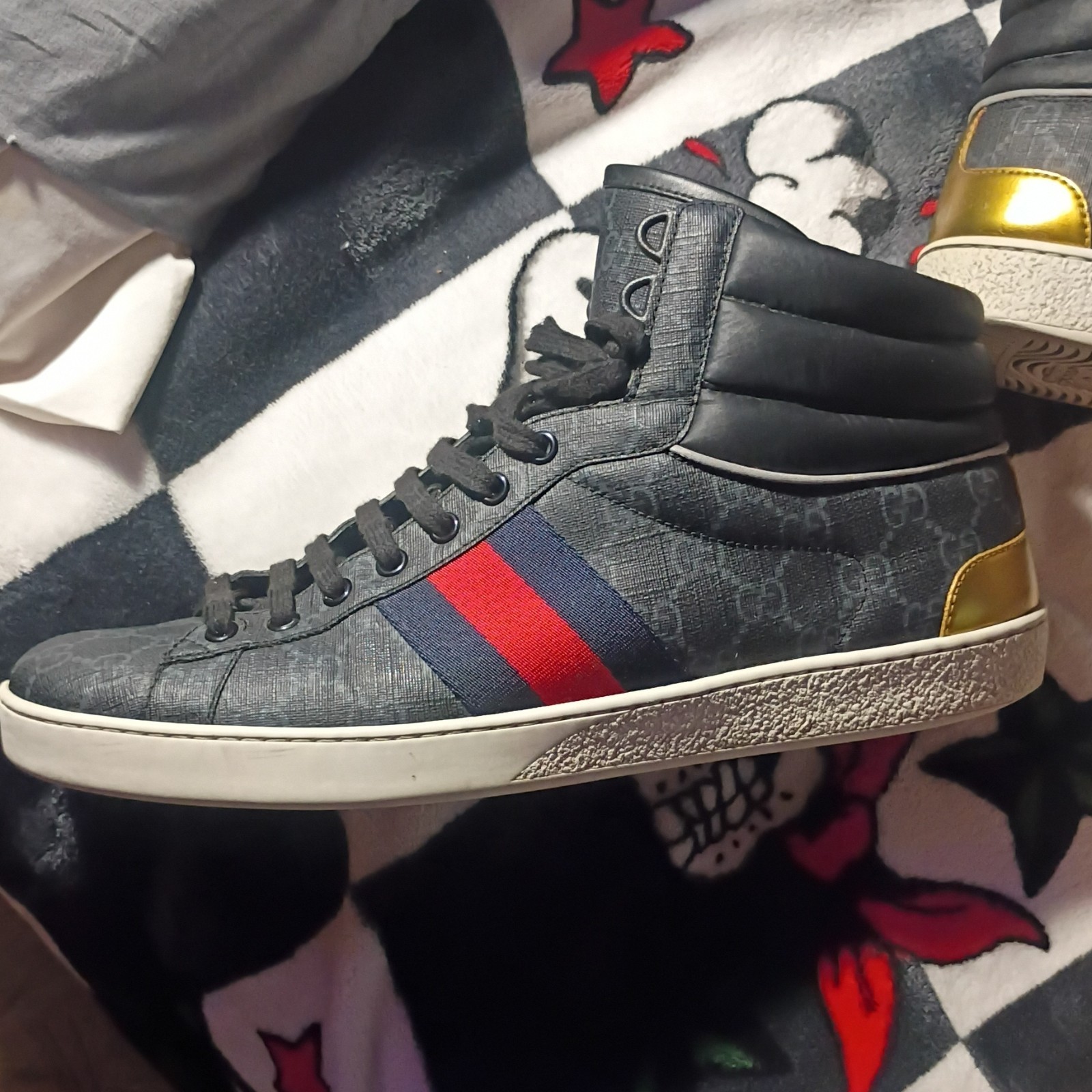 Gucci Signature High Top Sneakers Gray GG Monogram Lace-Up Red/Blue Stripe
