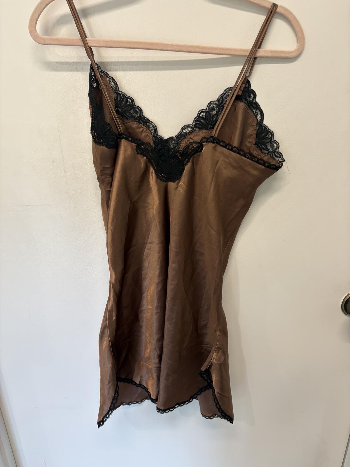 Cinema Etoile Brown Satin Lace Trim Camisole Slip P2P 19in
