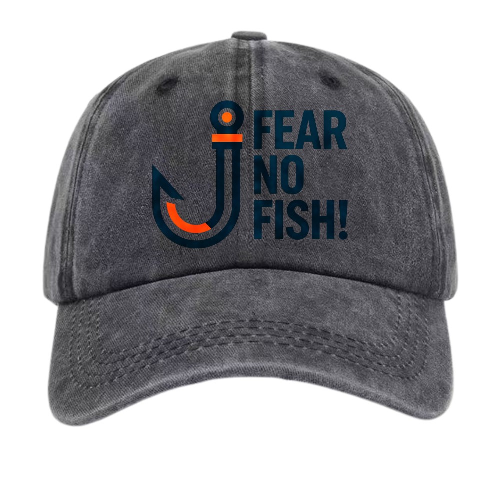 Fear No Fish Fishing Hook Graphic Washed Dad Hat Funny Fisherman Outdoor Cap