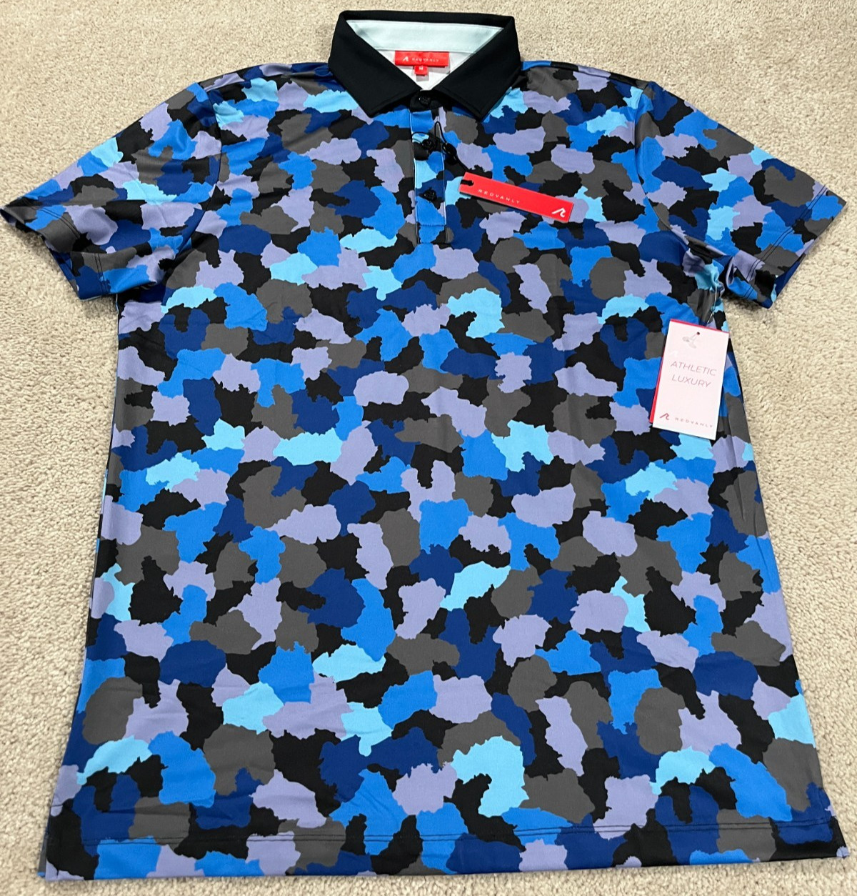 Redvanly Polo Shirt Mens Medium Dawson Golf Performance Stretch Blue Print