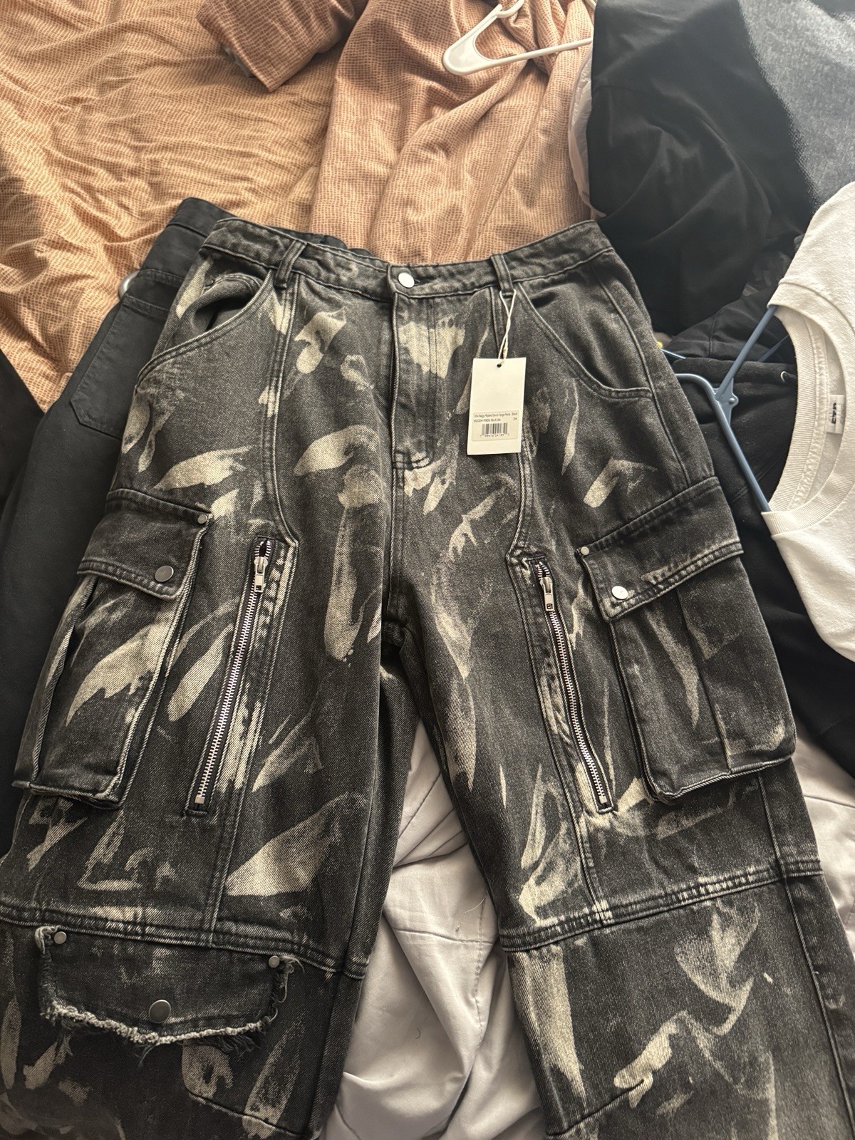 Mnml ultra baggy rippled denim cargo pants black new size 34