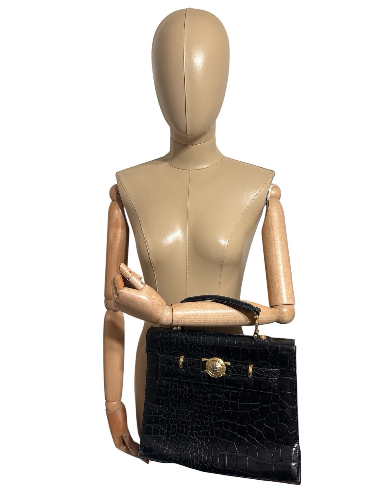 Vtg Gianni Versace Black Croc Embossed Leather Medusa Top Handle Bag