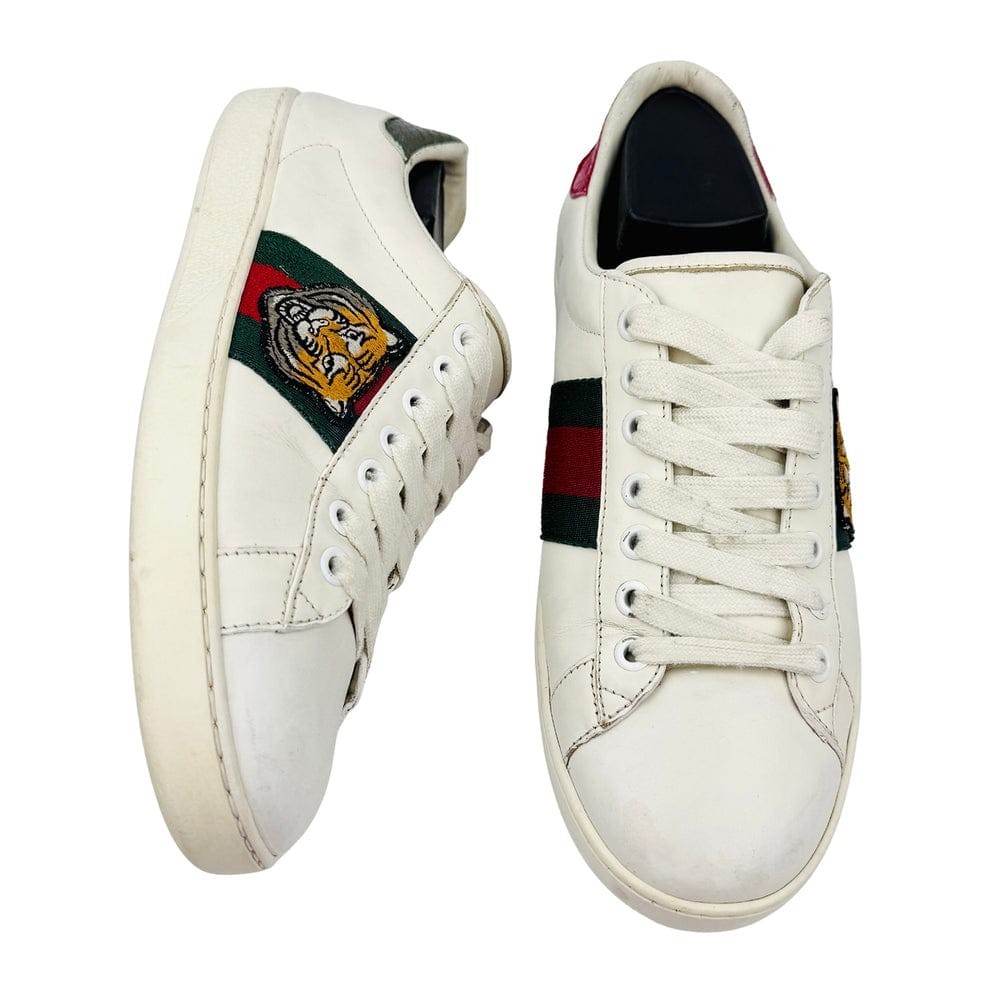 Gucci Ace White Leather Tiger Embroidery Web Stripe Sneakers Men EU 39 US 6