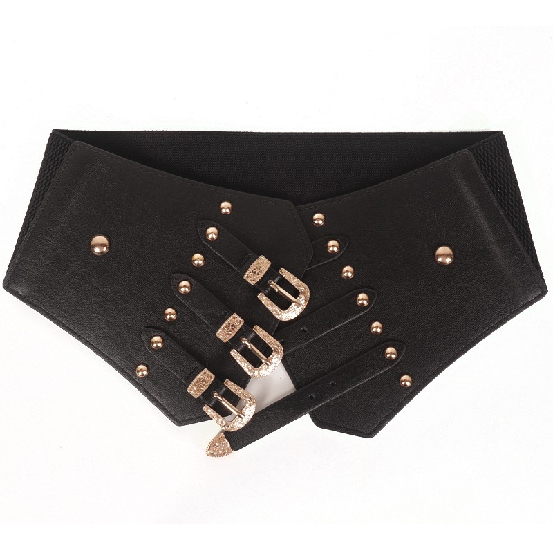 Women Black Wide Faux Leather Belt Elastic Stretch Corset Punk Rivet Waistband