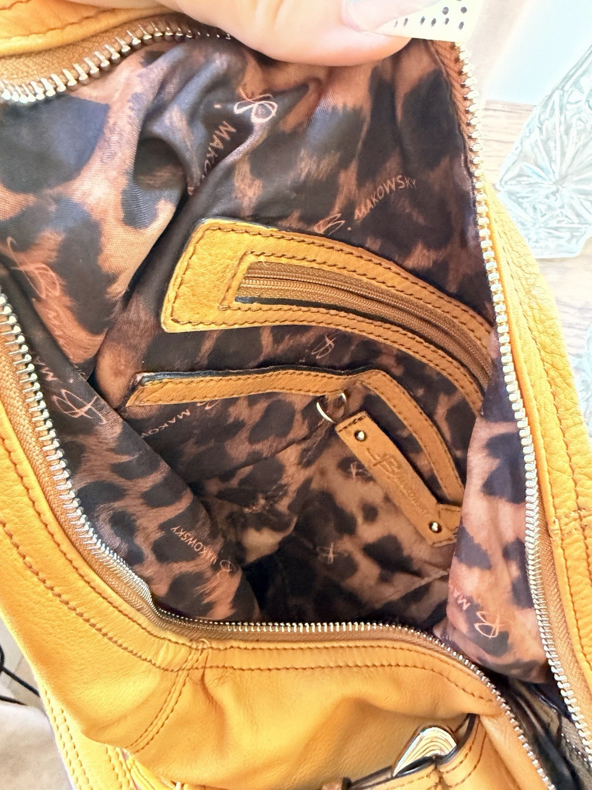 B. Makowsky Tan Shoulder Bag, Zip Closure, Inner/Outer Pockets, Silver Hardware