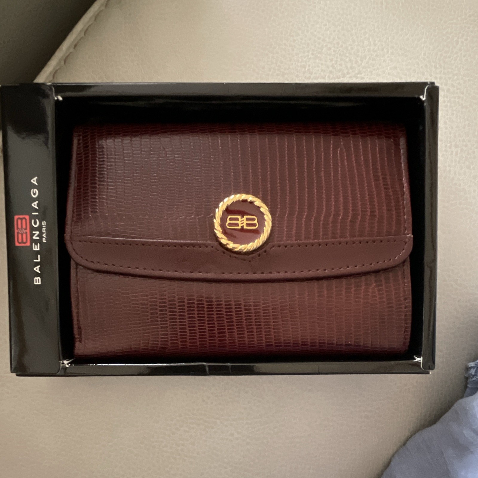 Balenciaga Women’s Burgundy Lizard Pattern Logo Trifold Folding Wallet