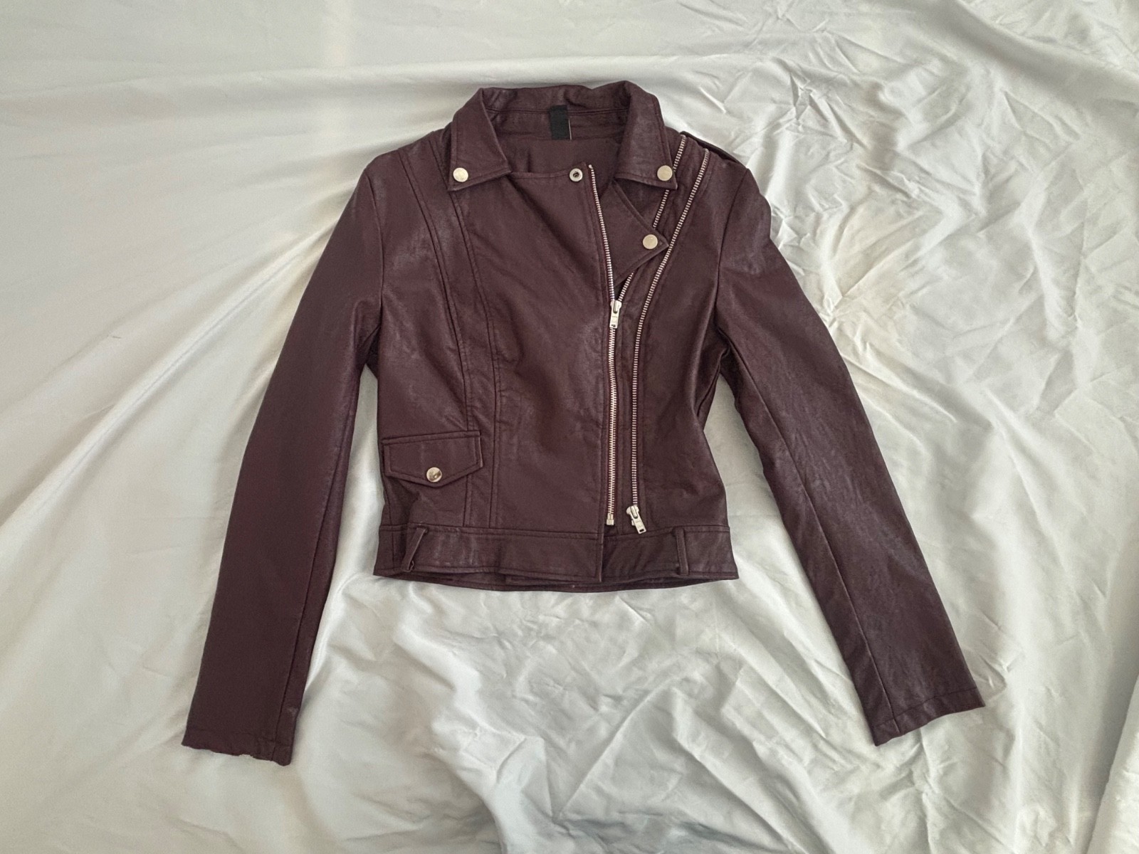 Windsor Burgundy Motor Biker Jacket Faux Leather Asym Zip YKK Womens Small