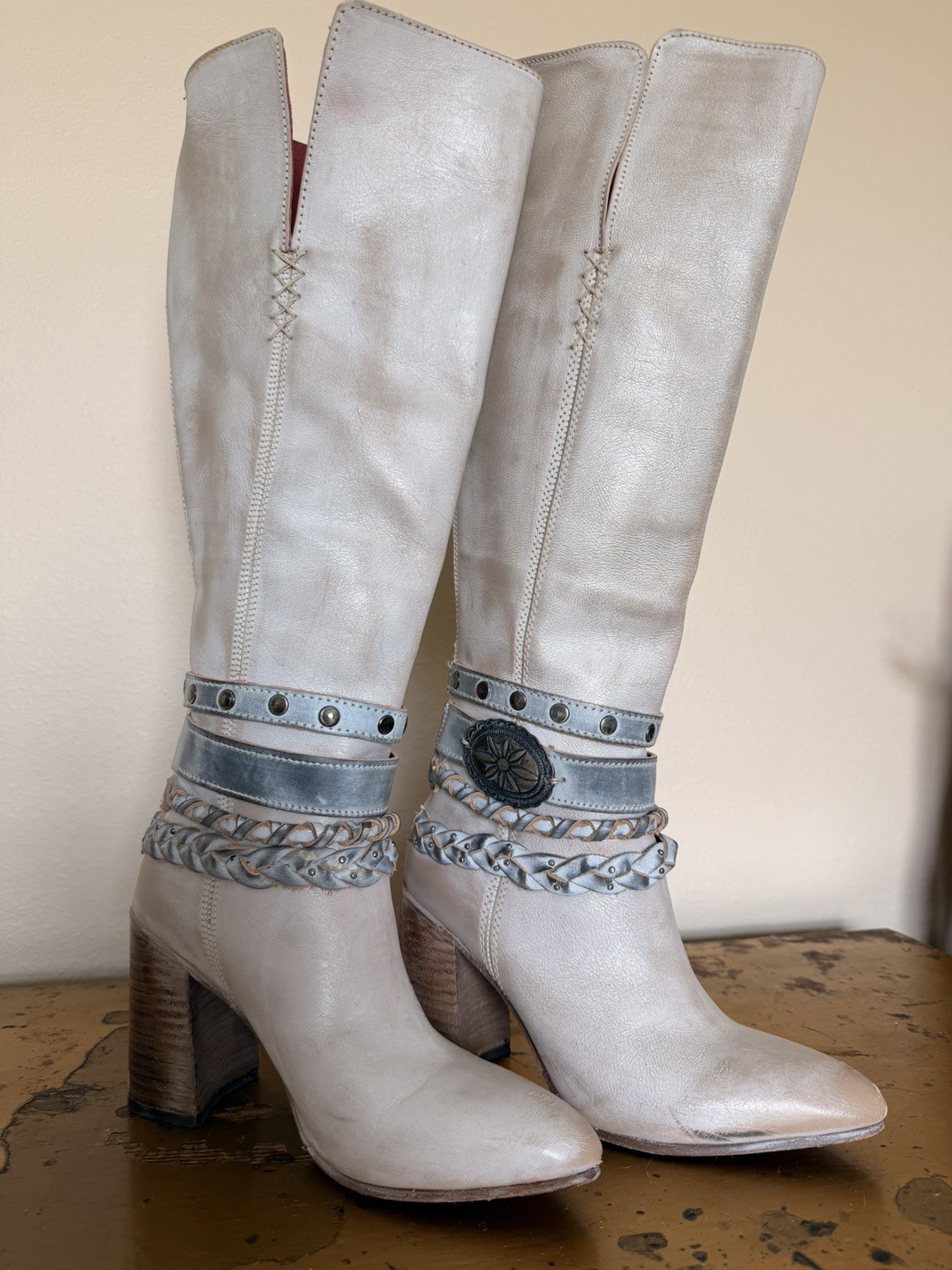 Freebird Juniper Cream Leather Braided Studded Knee High Boots Size 8