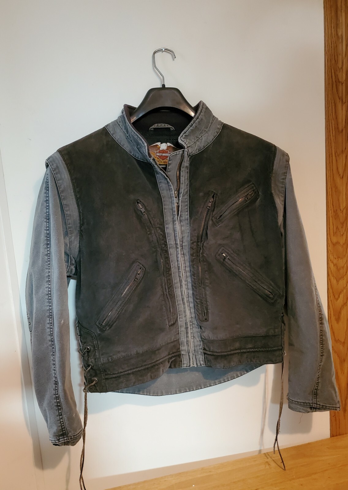 Vtg Authentic Gray Unisex Harley Davidson Suede Leather & Denim Jacket or Vest