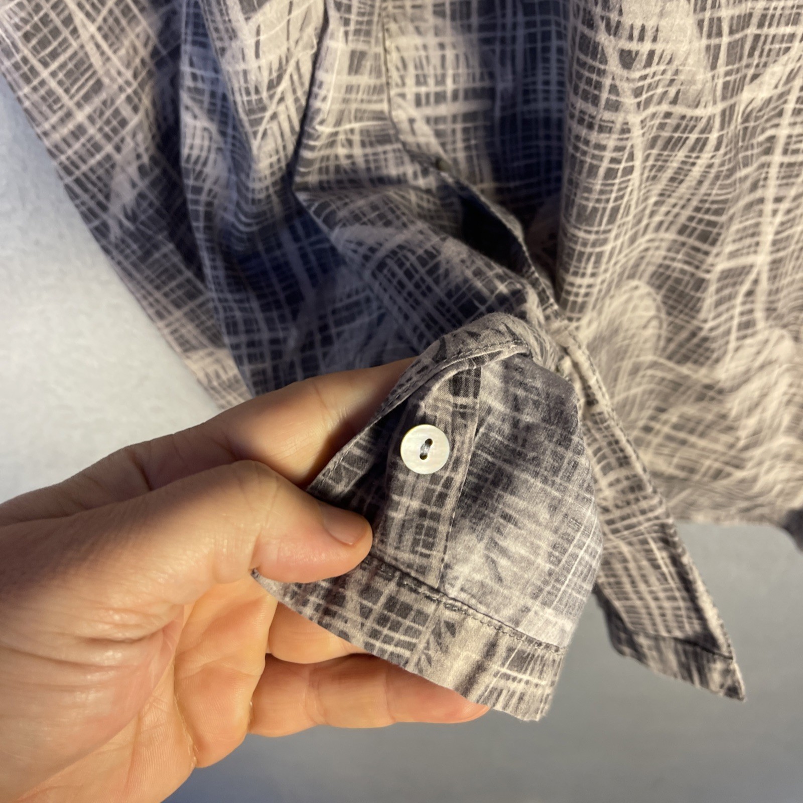 Tori Richard Shirt ens L Grey Palm Grid Cotton Lawn Aloha Hawaiian Made in USA