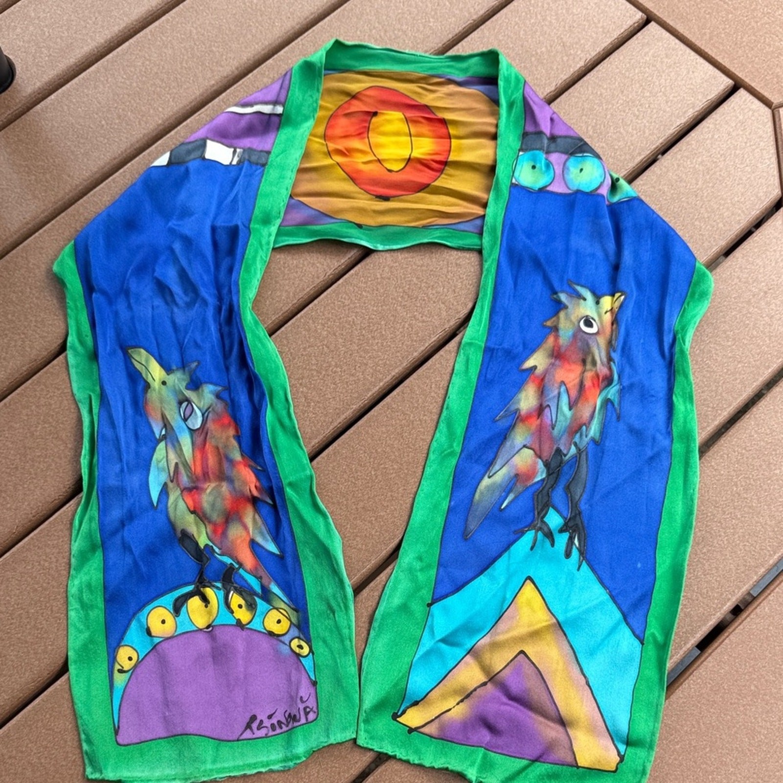 Silkscapes Vintage 90s Hand Painted Colorful Bird Print Scarf