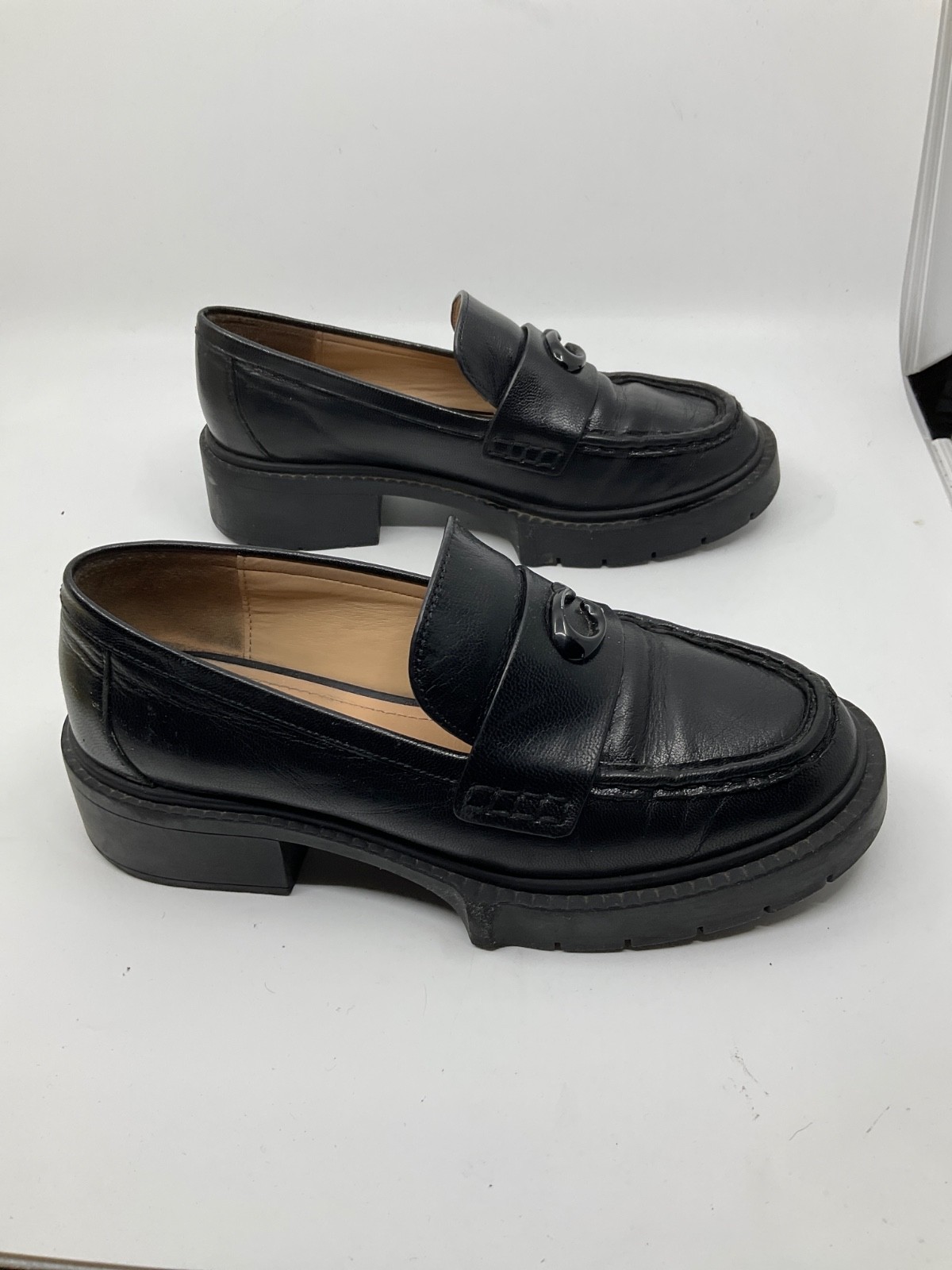 Coach Leah Platform Lug-Sole Loafers Black Size 6B Chunky Leather