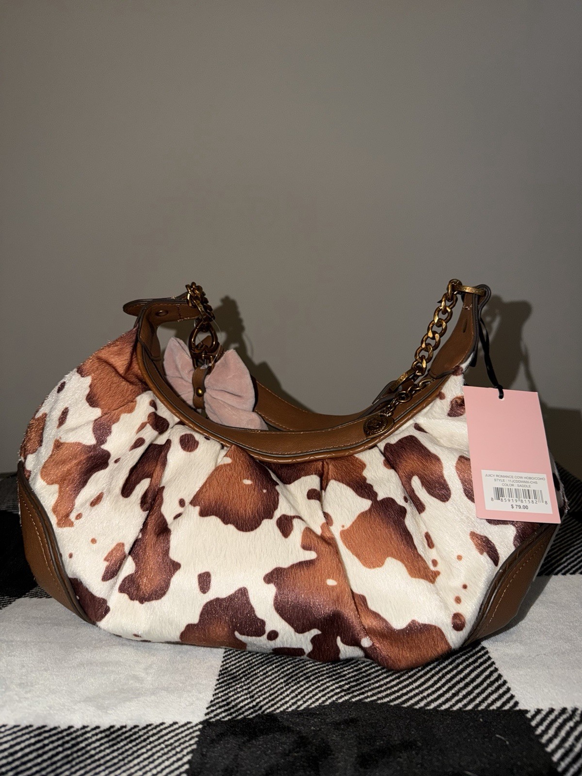 Juicy Couture Cow Print Romance Boho Brown Shoulder Bag Chain Strap Bow Charm