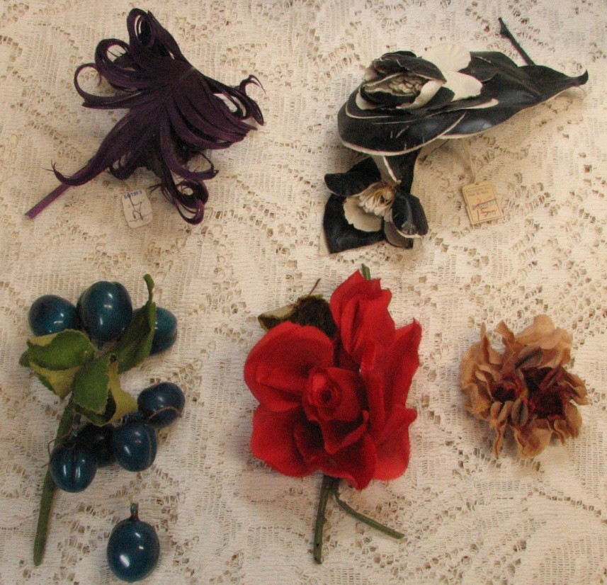 5 Different 1950’s Vtg. Hat Trim Millinery Fabric & Plastic Flowers – 2 w/ Tags