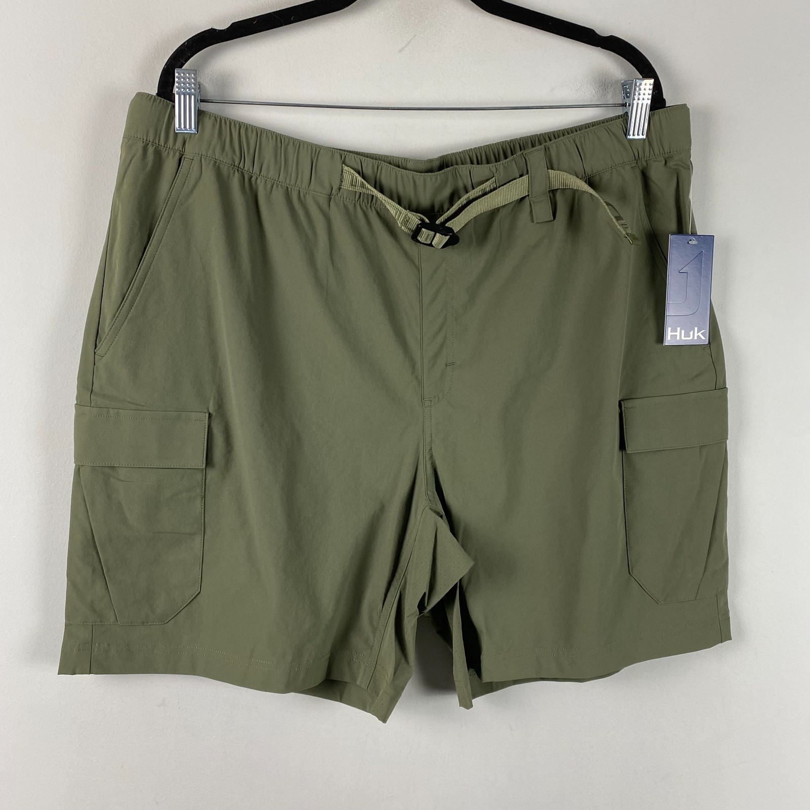 Huk Creekbed Cargo Fishing Shorts Mens XL Green Belt Performance Stretch