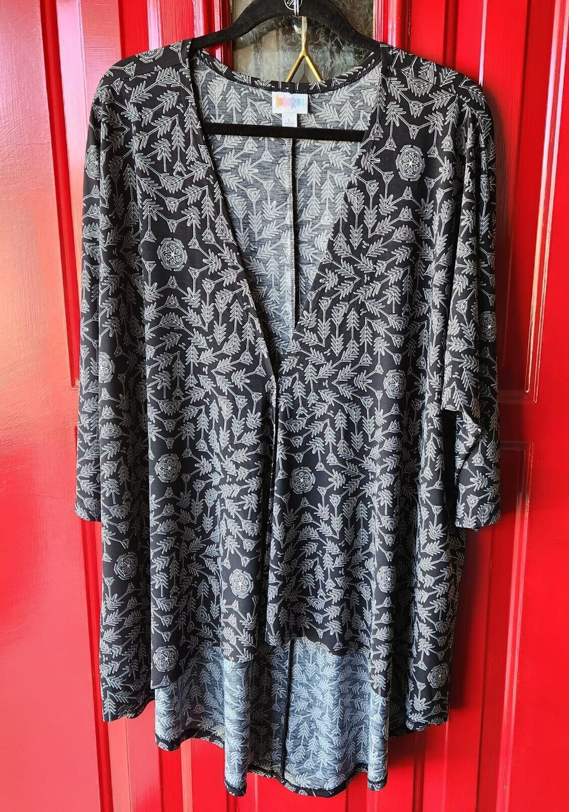 LULAROE Black & White Long Open Cardigan Jacket Duster Kimono Women’s size LARGE