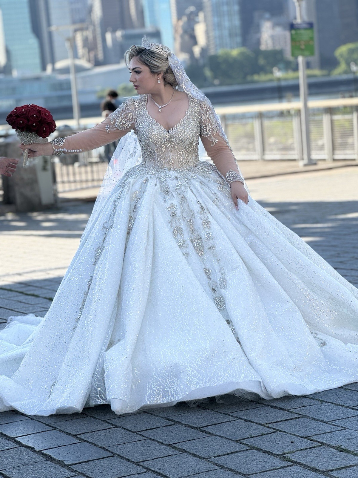 White/Silver Beaded Sequin Lace V-Neck Long Sleeve Ball Gown Wedding Dress
