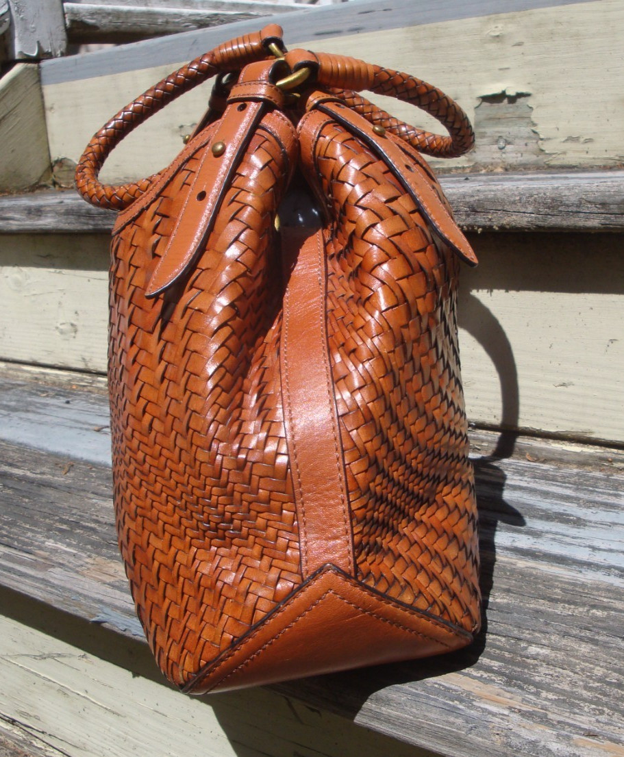 COLE HAAN Genevieve Brown Leather Boho Handbag Satchel Woven Large Tote Weave
